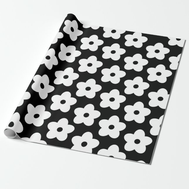 Papel De Presente Padrão Y2K da Flor Preta e Branca (Desenrolado)