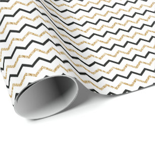 Papel De Presente Padrão Zigue-Zague Chevron Dourado Preto e Branco