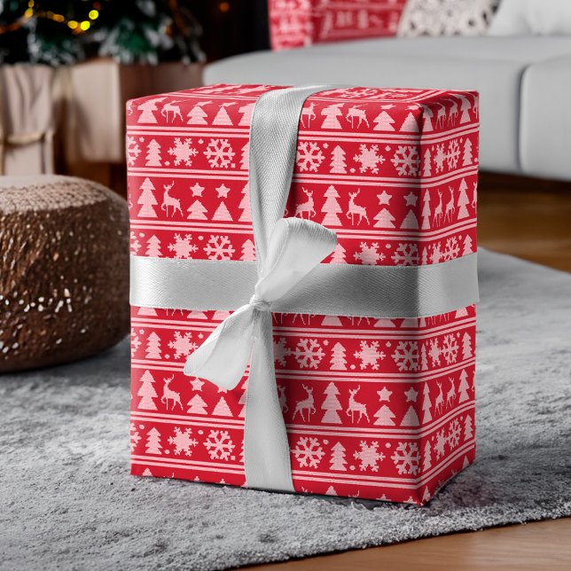 Papel De Presente Padrinho de Suéter de Knit Vermelho e Maldito Nata (Cozy Knit Red Knitted Sweater Pattern Christmas Wrapping Paper)