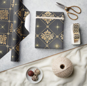 Papel De Presente Padrões Art Déco Elegantes Preto e Dourado