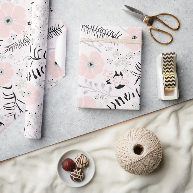 Papel De Presente Padrões Botânicos Pretos Rosa (Artesanato)