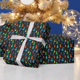 Papel De Presente Padrões de Árvores de Natal Azuis Festivas Neon Bl