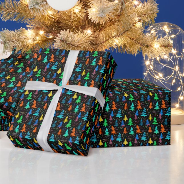 Papel De Presente Padrões de Árvores de Natal Azuis Festivas Neon Bl (Feriados)