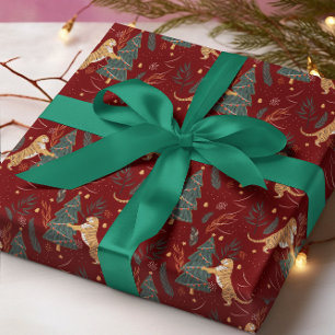 Papel De Presente Padrões de árvores de Natal e tigres fundo persona
