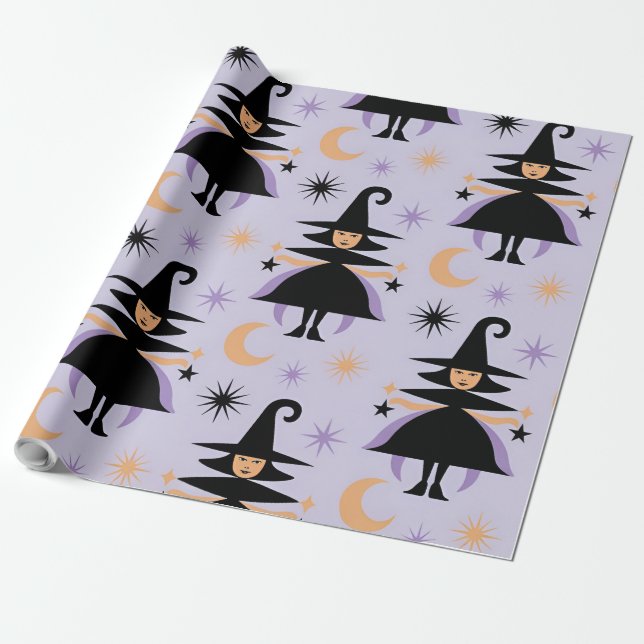 Papel De Presente Padrões de Bruxas Bonitas - Bruxas Brancas com Est (Desenrolado)