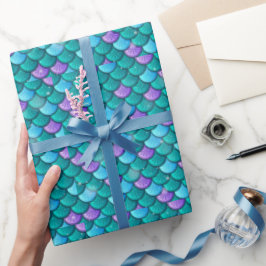 Papel De Presente Padrões de Cauda de Peixes Sereia Verde e Roxo