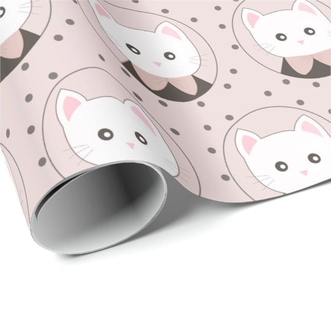 Papel De Presente Padrões De Dotty Rosa Rosa De Gato Bonito (Ponta do rolo)
