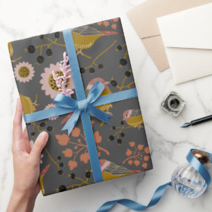 Papel De Presente Padrões de flores de cerejas pretas Douradas cor-