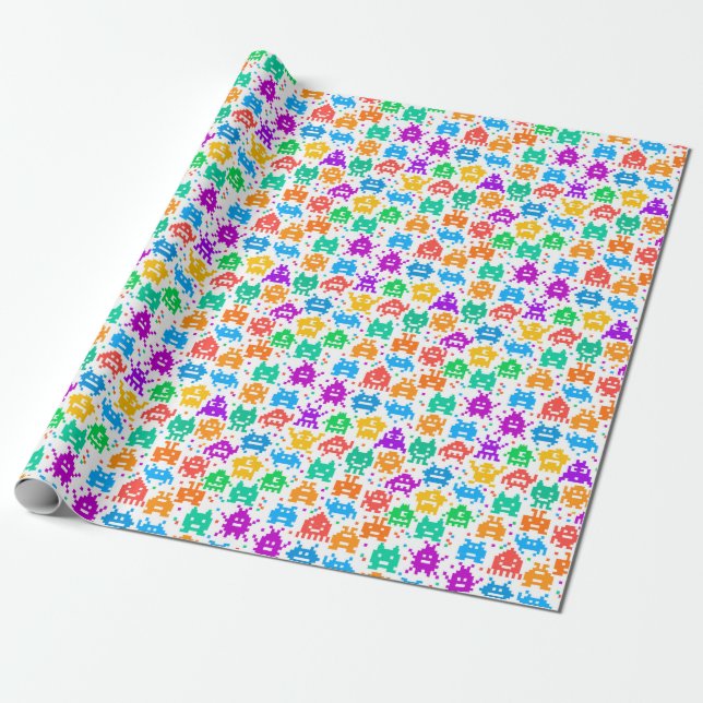 Papel De Presente Padrões de monstros pixelizados coloridos (Desenrolado)