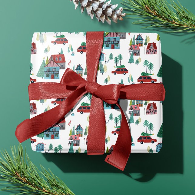 Papel De Presente Padrões de Natal da Vila Nórdica de Patinagem (Cute Nordic skating Village Christmas Pattern Wrapping Paper)