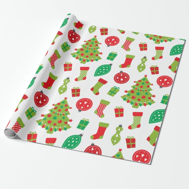Papel De Presente Padrões de Presente de Árvore de Natal Verde Retro (Desenrolado)