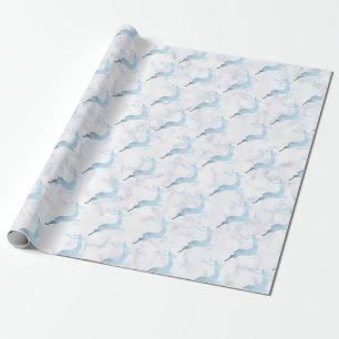 Papel De Presente Padrões de renas de Natal de mármore branco azul