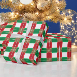 PAPEL DE PRESENTE PADRÕES DE XADREZ DE NATAL BRANCO DOURADO VERDE VE