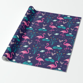 Papel De Presente Padrões Elegante Flamingos e Lilypads no Marinho