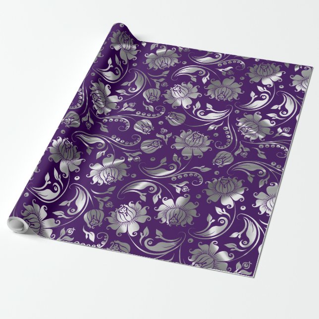 Papel De Presente Padrões Florais De Tons De Prata Fundo Roxo (Desenrolado)