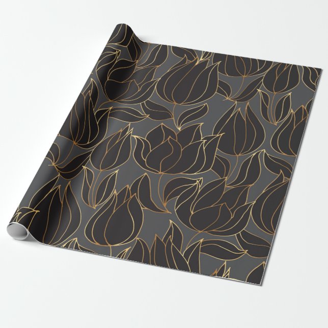 Papel De Presente Padrões florais de tulipas de luxo preto e dourado (Desenrolado)