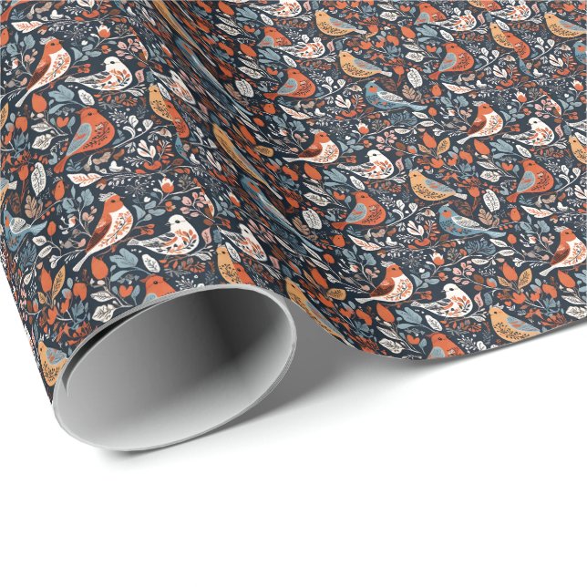 Papel De Presente Padrões Floral E Pássaro Nórdico Vibrantes (Ponta do rolo)