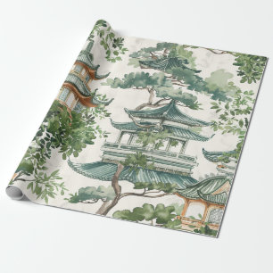 Papel De Presente Pagoda Asiática de Aquarela na Paisagem Verdante (