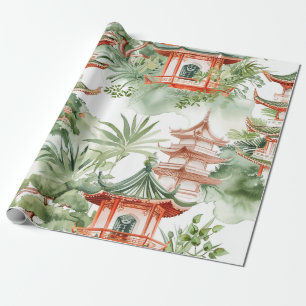 Papel De Presente Pagoda Asiática de Aquarela na Paisagem Verdante (