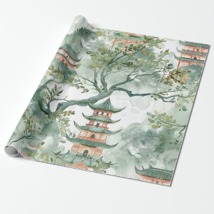 Papel De Presente Pagoda Asiática de Aquarela na Paisagem Verdante (