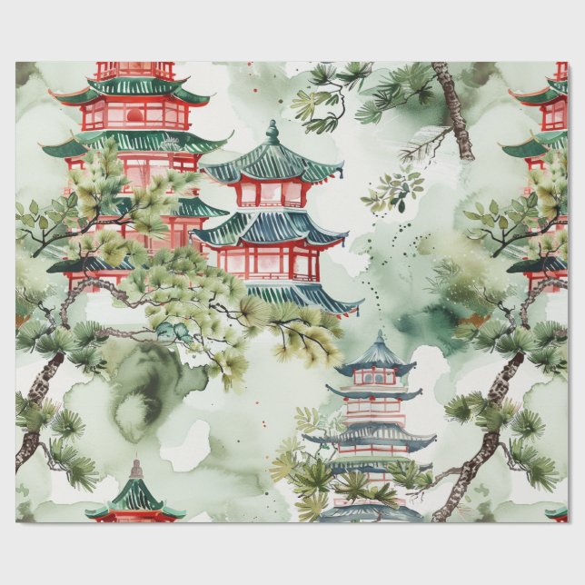 Papel De Presente Pagoda Asiática de Aquarela na Paisagem Verdante ( (Aberto)