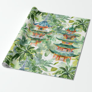 Papel De Presente Pagoda Asiática de Aquarela na Paisagem Verdante (