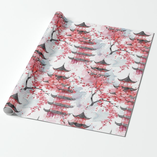 Papel De Presente Pagoda Chinesa Aquarela com Blossomas de Cereja (2 (Desenrolado)