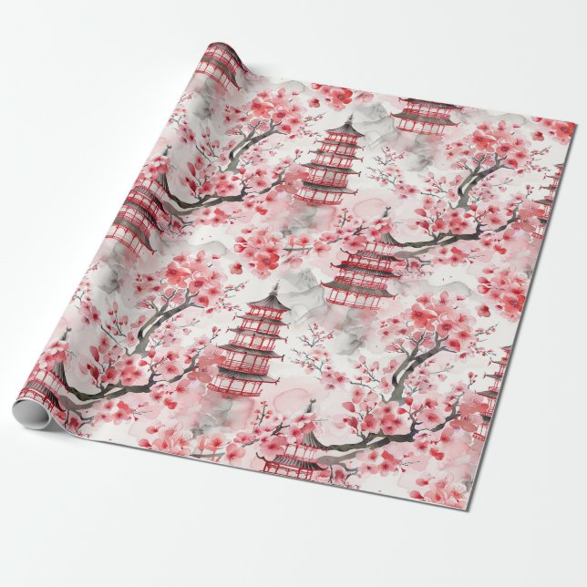 Papel De Presente Pagoda Chinesa Aquarela com Blossomas de Cereja (9 (Desenrolado)