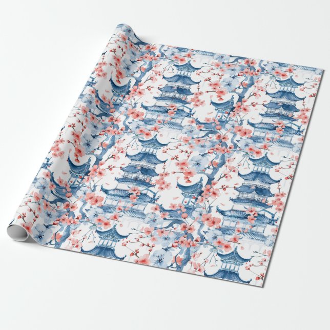 Papel De Presente Pagoda Chinesa Aquarela com Flores de Cereja (5) (Desenrolado)