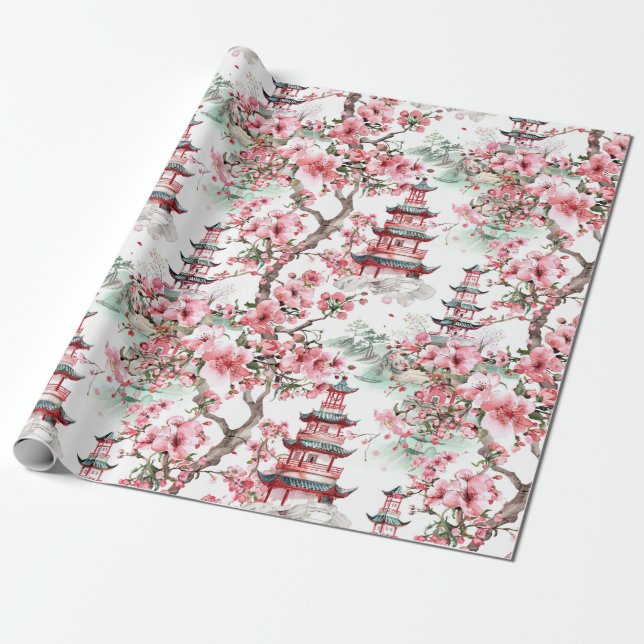 Papel De Presente Pagoda Chinesa Aquarela - Flores De Cereja (10) (Desenrolado)
