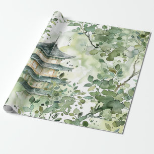 Papel De Presente Pagoda Floresta Sage Oliva Aquarela