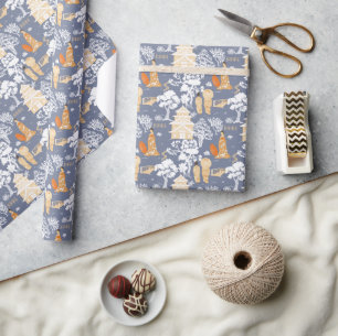 Papel De Presente Pagodas de Chinoiserie Blue and Orange