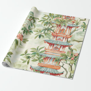 Papel De Presente Pagode Asiático em Aquarela em Paisagem Verdejante