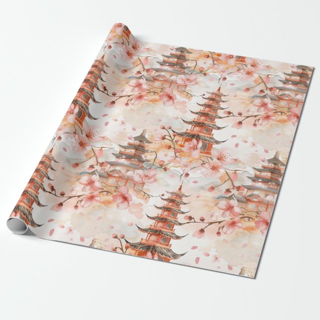 Papel De Presente Pagode Chinesa em Aquarela com Flores de Cerejeira (Desenrolado)