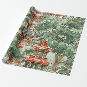 Papel De Presente Pagode Chinesa Floresta Verde Sálvia