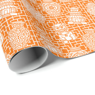 Papel De Presente Pagode Chinesa – Jardim Asiático Préppy Laranja