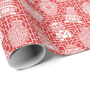 Papel De Presente Pagode Chinesice – Jardim Asiático Vermelho Préppy