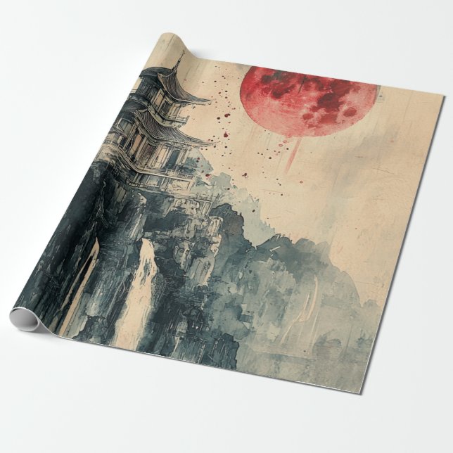 Papel De Presente Pagode da Lua de Sangue Lavagem de Tinta (Desenrolado)