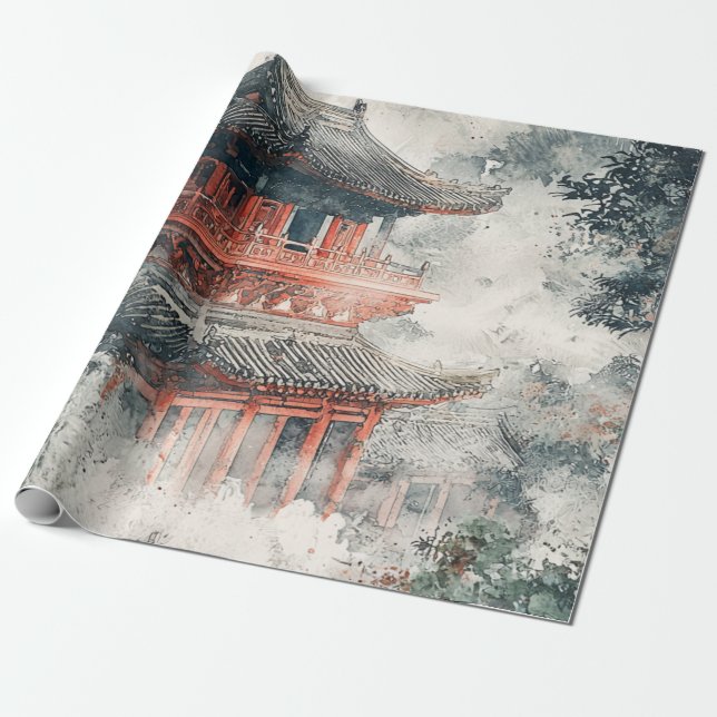 Papel De Presente Pagode da Montanha Carmesim Lavagem a Tinta (1) (Desenrolado)