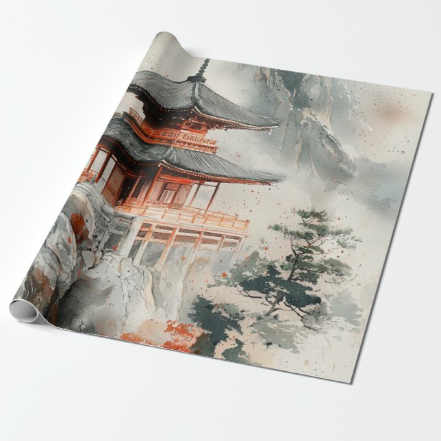 Papel De Presente Pagode da Montanha Carmesim Lavagem a Tinta (3) (Desenrolado)