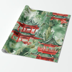 Papel De Presente Pagode de Terracota Jardim Asiático Aquarela