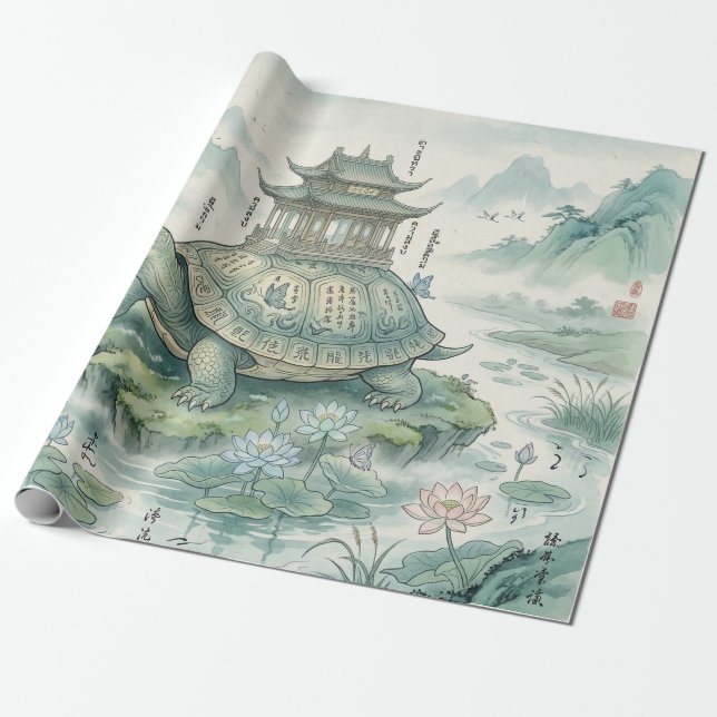 Papel De Presente Pagode Majestosa da Tartaruga Arte em Tinta (Desenrolado)