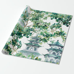 Papel De Presente Pagodes Aquarela Floresta Olive Paisagem Asiática