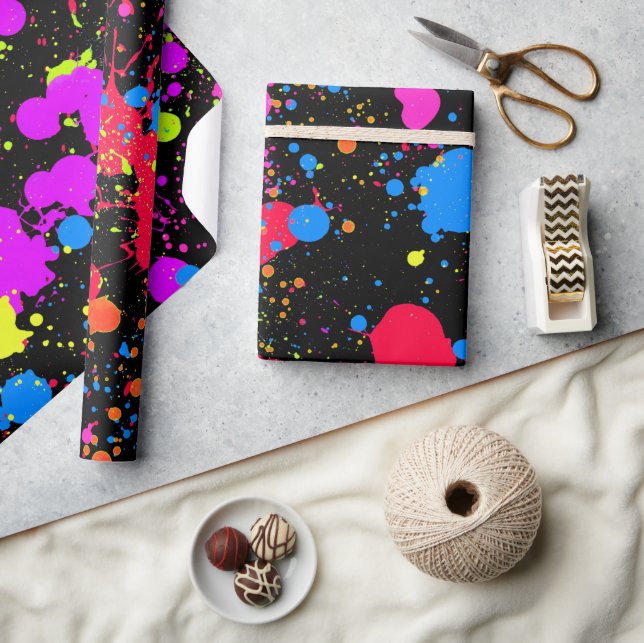 Papel De Presente Paint Splatter Neon, Faux Glow no escuro, (Artesanato)