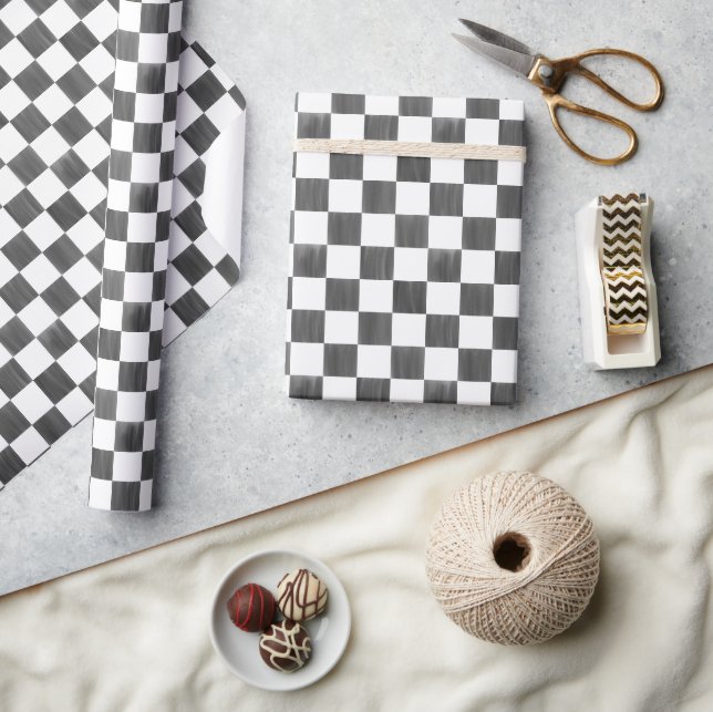 Papel De Presente Painted Black and White Check Checkerboard Pattern (Artesanato)