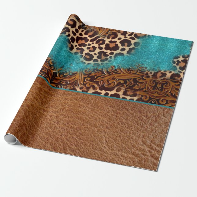 Papel De Presente País Turquesa Leopardo Brown Faux Leather (Desenrolado)