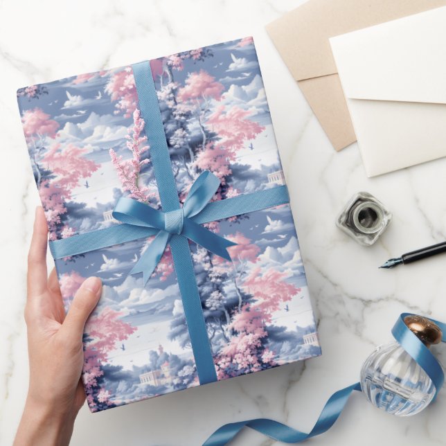 Papel De Presente Paisagem Azul e Rosa (Presentear)