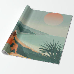 Papel De Presente Paisagem Boho Terracota Sage Costeira Baía Pôr do