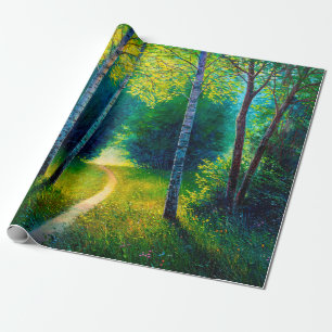 Papel De Presente Paisagem de floresta com pintura a óleo, bela roa
