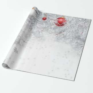 Papel De Presente Paisagem de Inverno, Bolas Vermelhas Ramos de Pinh